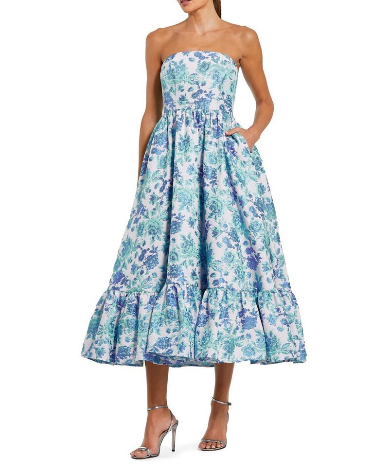 マックダガル レディース トップス 衣装 A 伝達ルート 御花柄 midi ストラップレス 御花 Mac Duggal Floral Brocade Strapless A Line Midi Dress Blue Multi 青み