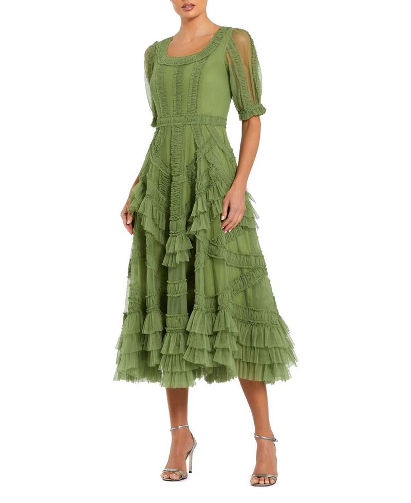 マックダガル レディース トップス ワンピース フリル メッシュ ミディ Mac Duggal Short Sleeve Mesh Mirco Ruffle Midi Dress Moss Green グリーン｜ReVida 店