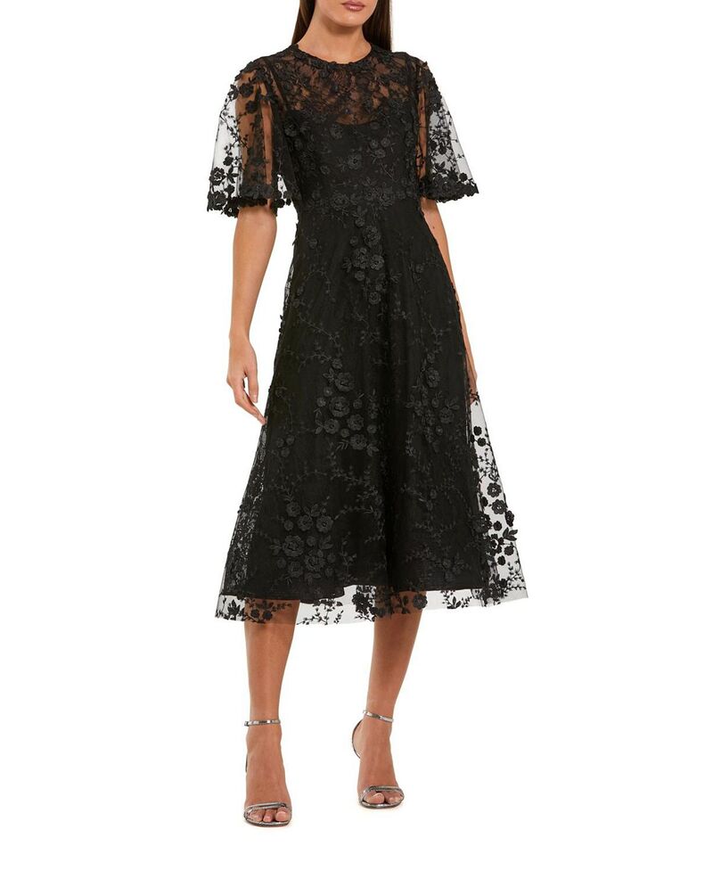 マックダガル レディース トップス 衣装 御花柄 MIDI 刺しゅう 御花 Mac Duggal Flutter Sleeve Floral Embroidered Midi Dress Black 黒いこと