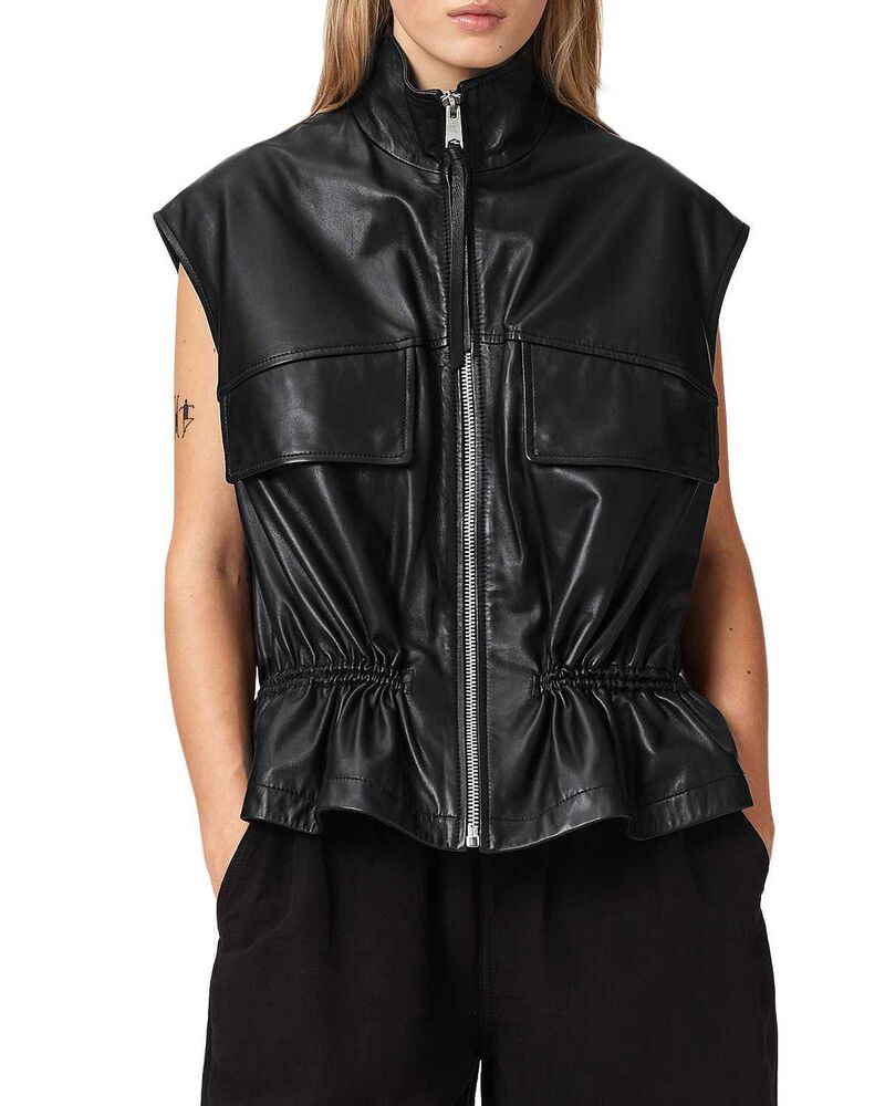 オールセインツ レディース アウター ベスト レザー ALLSAINTS Flor Leather Vest Black ブラック｜ReVida 店