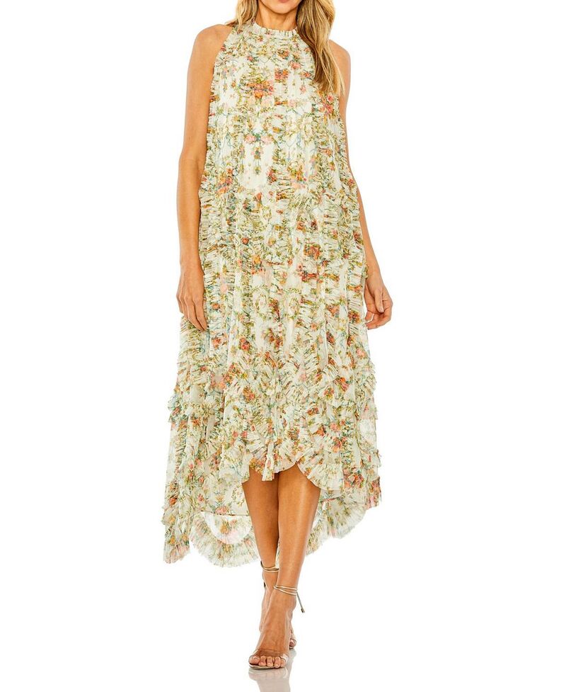 マックダガル レディース トップス 衣装 ハイネック 御花柄 フラウンス ノースリーブ 御花 Mac Duggal Sleeveless High Neck Lattice Ruffle Floral Dress Ivory Multi 象牙色