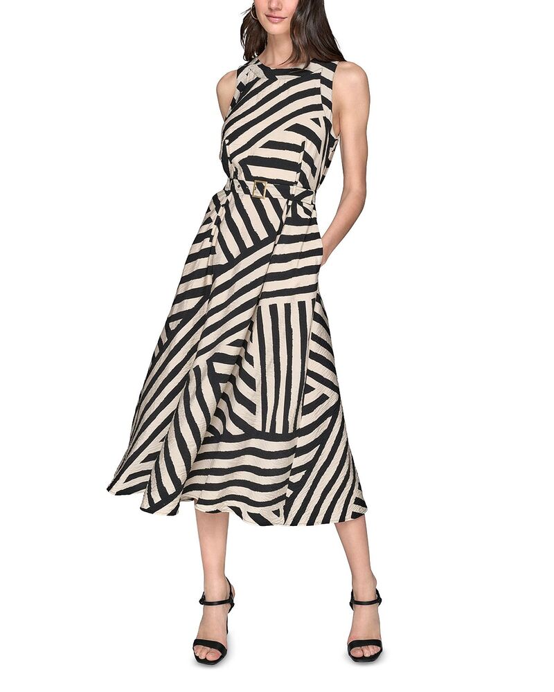 長い巻き毛 ラガーフェルド レディース トップス 衣裳 刷り上げる MIDI KARLAGERFELD PARIS Printed Rumpled Midi Dress Oyster Grey Black 黒いこと