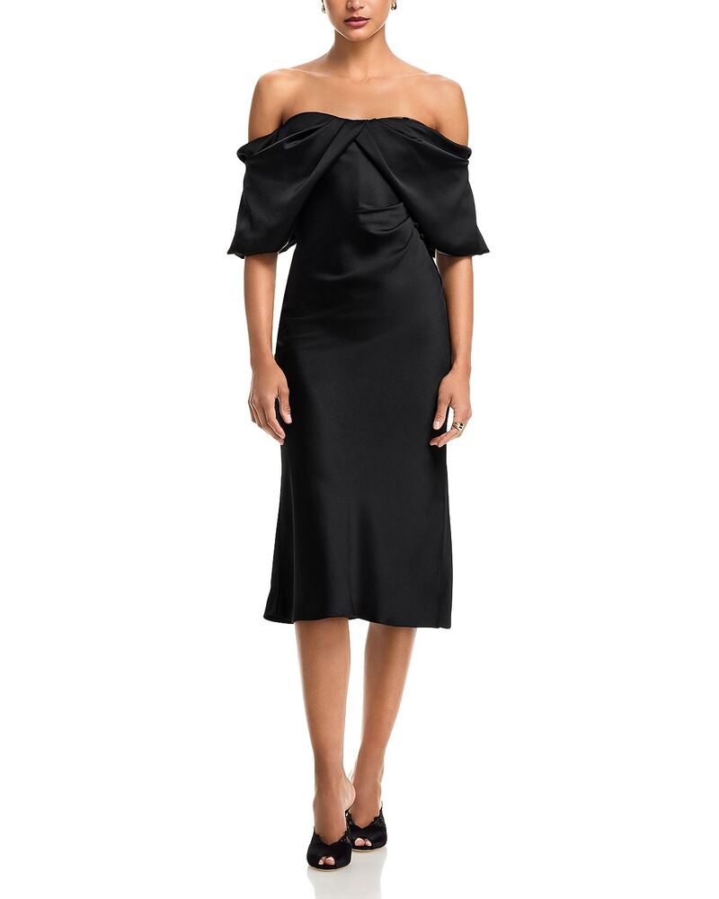 マックイーン レディース トップス 衣裳 繻子 McQueen Off-the-Shoulder Satin Dress Black 黒いこと