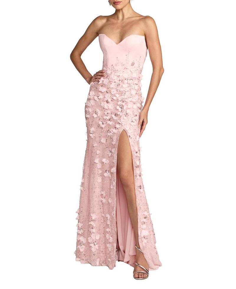マックダガル レディース トップス ワンピース フラワー柄 サテン ストラップレス フラワー Mac Duggal Floral Satin Straplessweetheart Gown with Slit Blush ブラッシュ｜ReVida 店