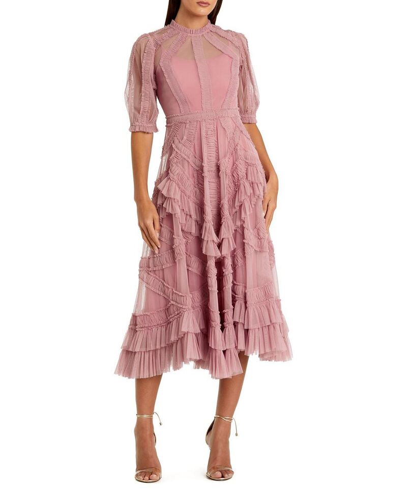 マックダガル レディース トップス ワンピース ティアード A ライン プチ フリル ミディ Mac Duggal Petite High Illusioneck Ruffle Tiered A-Line Midi Dress Antique Rose｜ReVida 店