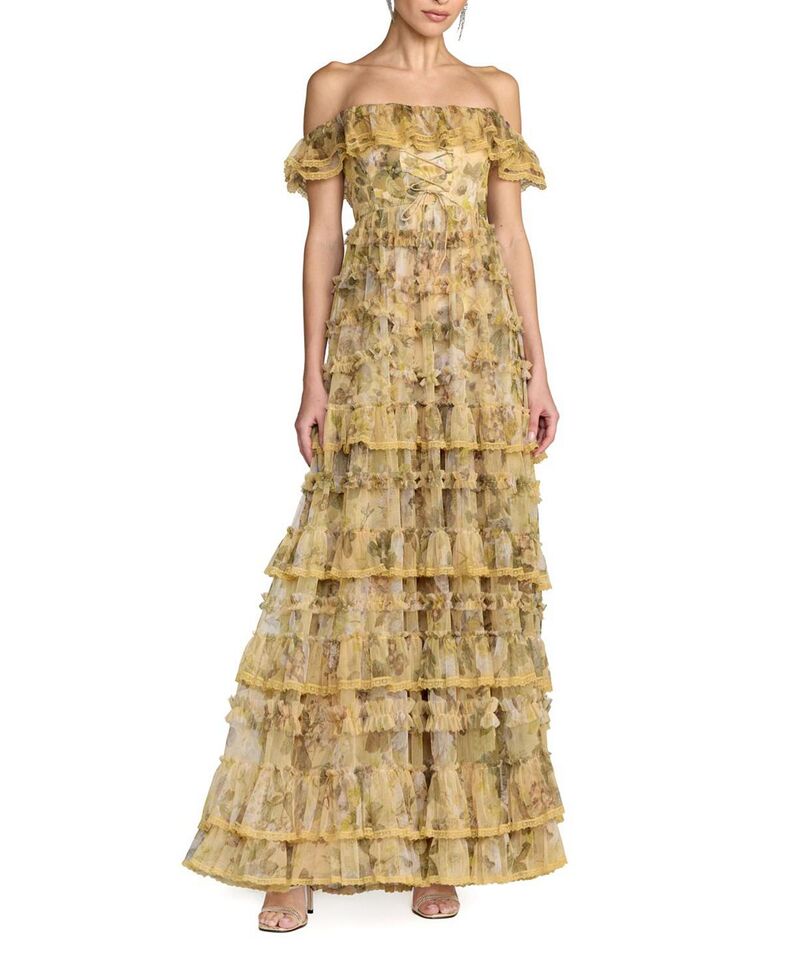 マックダガル レディース トップス ワンピース ティアード フラワー柄 プリント フリル メッシュ フラワー Mac Duggal Floral Print Off-the-Shoulderuffle Tiered Mesh Gown Buttercream｜ReVida 店
