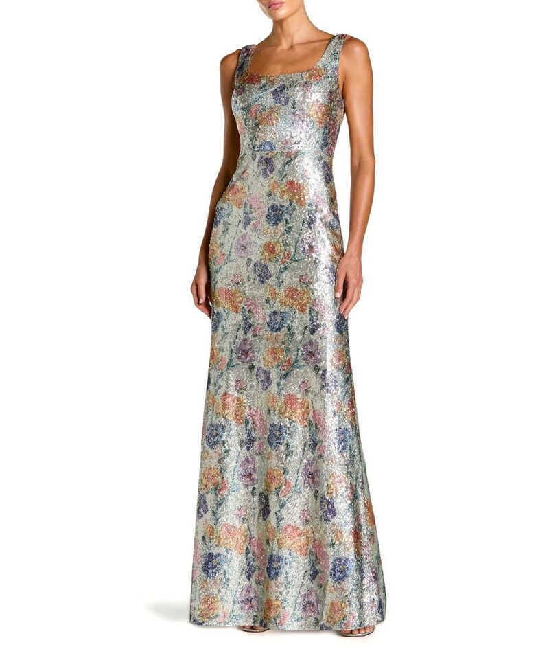マックダガル レディース トップス 衣装 御花柄 スパンコール ノースリーブ 御花 Mac Duggal Floral Sequin Sleevelessquare Neck Fitted Gown Silver Multi しろがね色