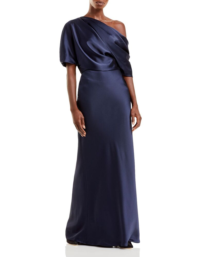 アムサール レディース トップス 衣装 ドレープ 繻子 Amsale Draped Satin One Shoulder Dress Navy 米国海軍