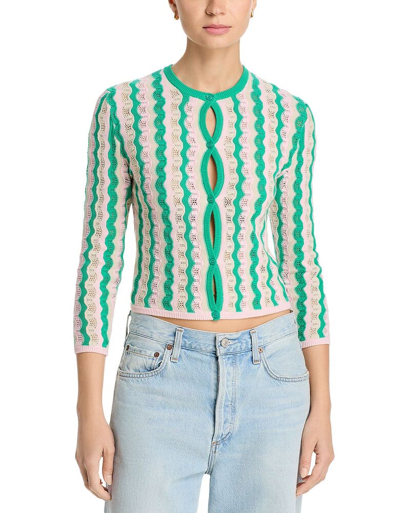 お母さん レディース アウター ジレー 労働者の一団のど首 スウェーター MOTHER The Crewneck Cardigan Sweater Poi Green Pink Combo サクラ色