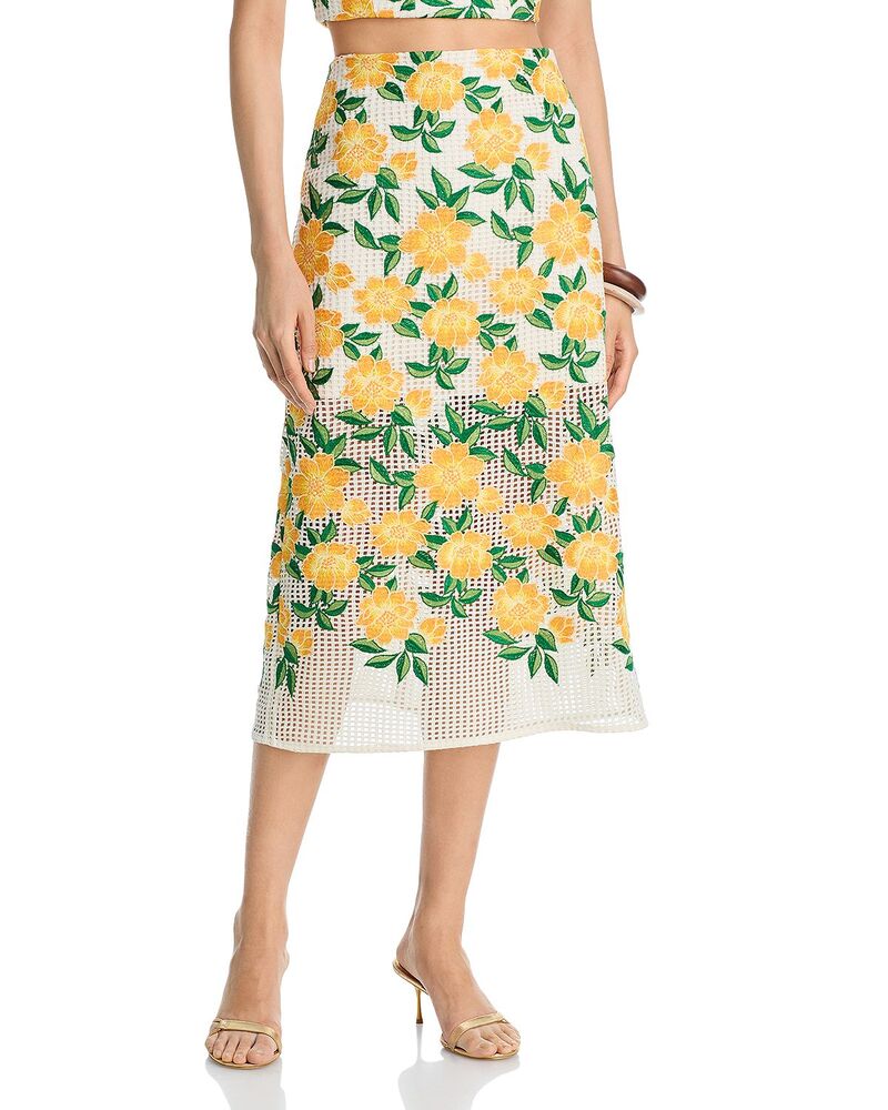 ミリー レディース ボトムスカート ミディ 刺繍 MILLY Marta Embroidered Midi Skirt Yellow/green イエロー|ReVida 店