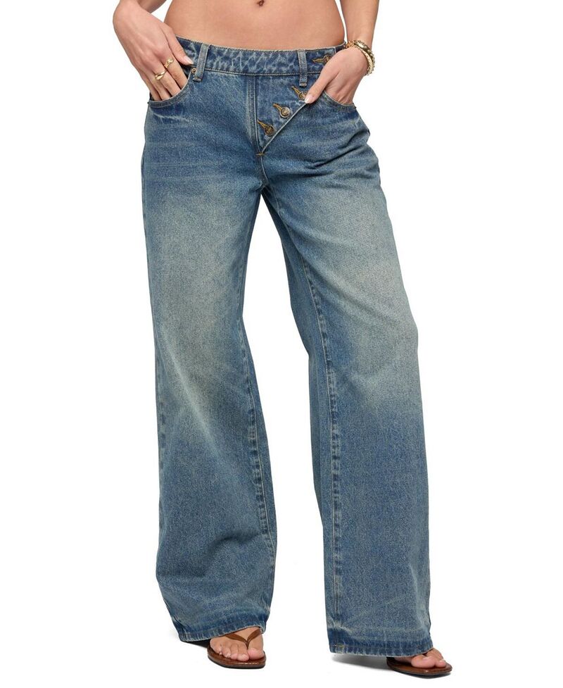 アディクテッド レディース ボトムス デニムパンツ ローライズ ジーンズ Edikted Moxlan Slanted Button Low Rise Baggy Jeans Blue-Washed ブルー｜ReVida 店
