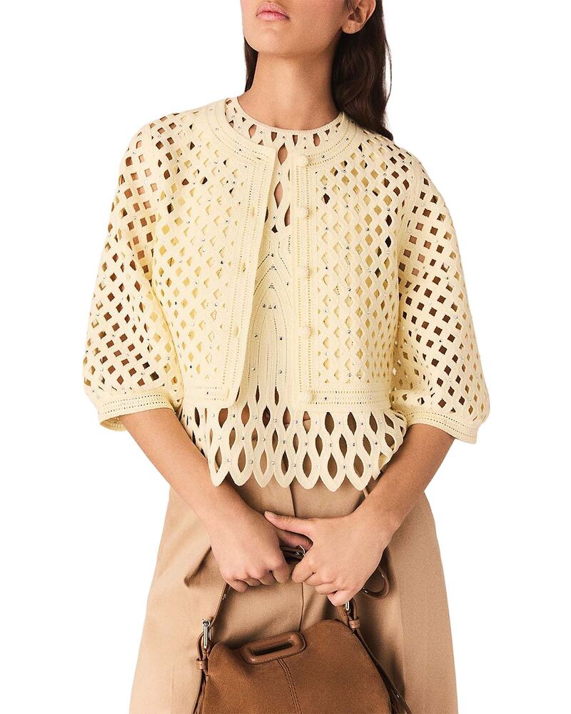 マージュ レディース アウター ジレー Maje Rhinestone Crochet Cardigan Pale Yellow 黄色