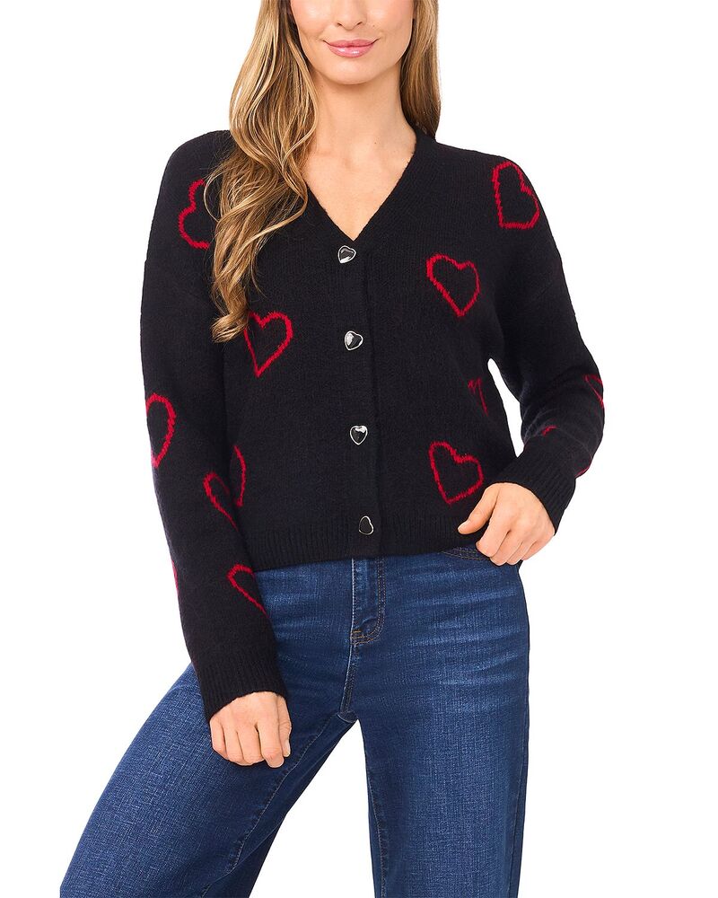 セセ レディース アウター カーディガン CeCe Heart Jacquard Cardigan Rich Black ブラック｜ReVida 店