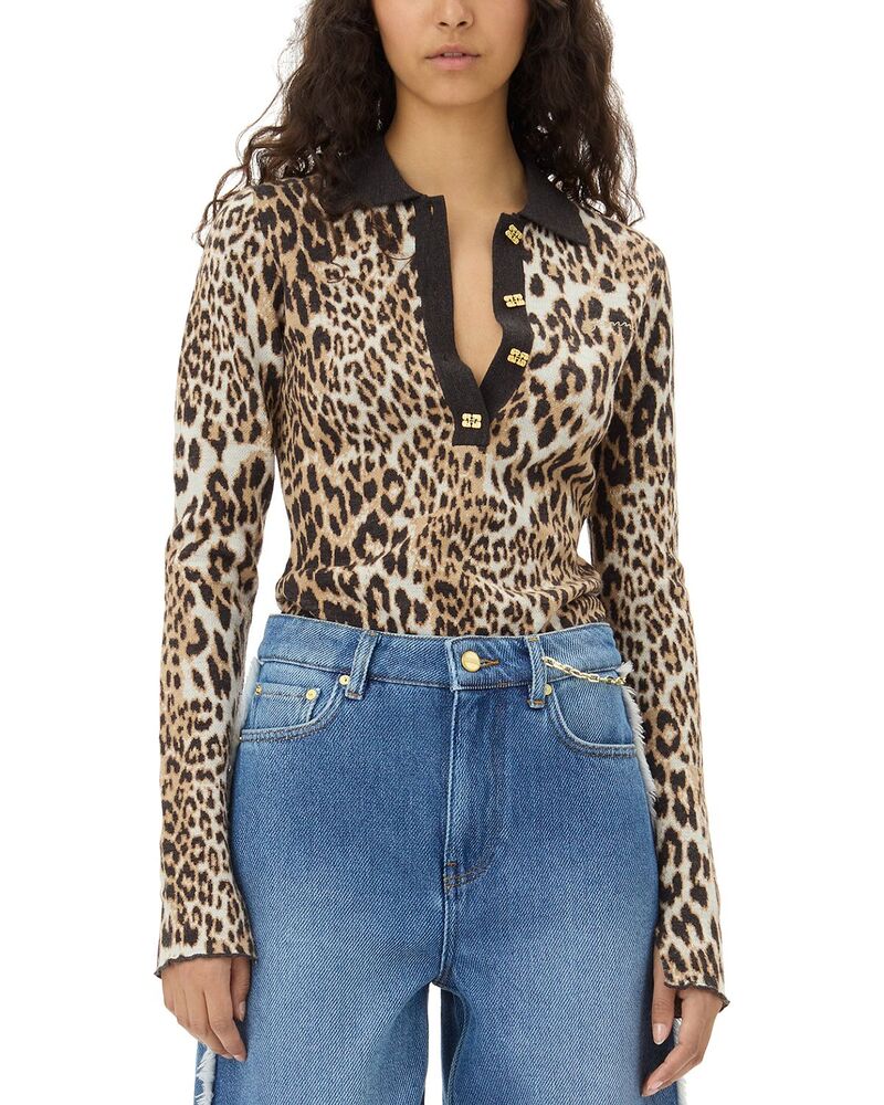 ガニー レディース トップス スポーツシャツ 刷り上げる 羊毛 GANNI Leopard Print Merino Wool Polo Leopard 毛の荒物
