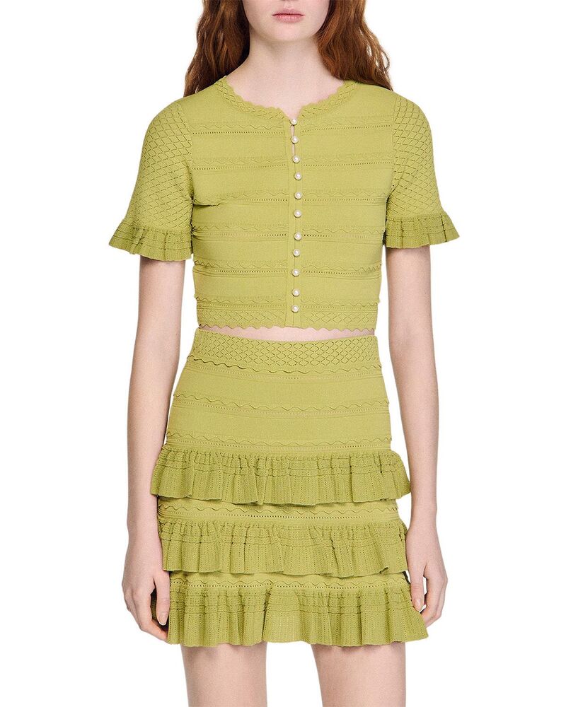 砂子ロ レディース アウター ジレー フラウンス クロップド Sandro Cropped Ruffled Sleeve Cardigan Green 緑であること