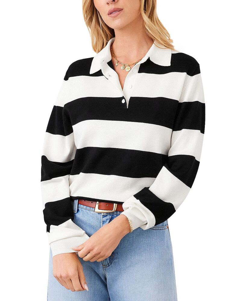 カレンケーン レディース アウター 編み物・ティーシャツ Karen Kane Stripe Collared Henley Sweater Off White/Black 象牙色