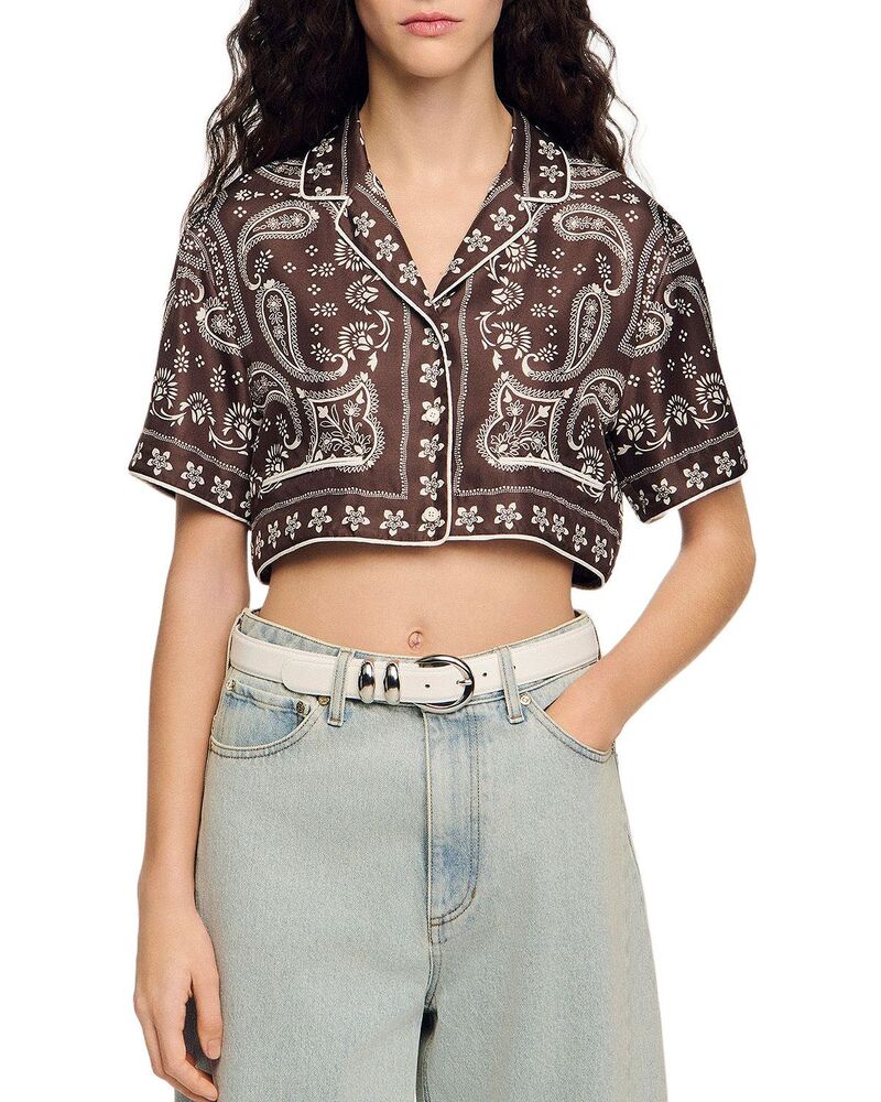 サンドロ レディース トップス シャツ プリント クロップド Sandro Cropped Bandana Print Shirtaupe / White ホワイト|ReVida 店
