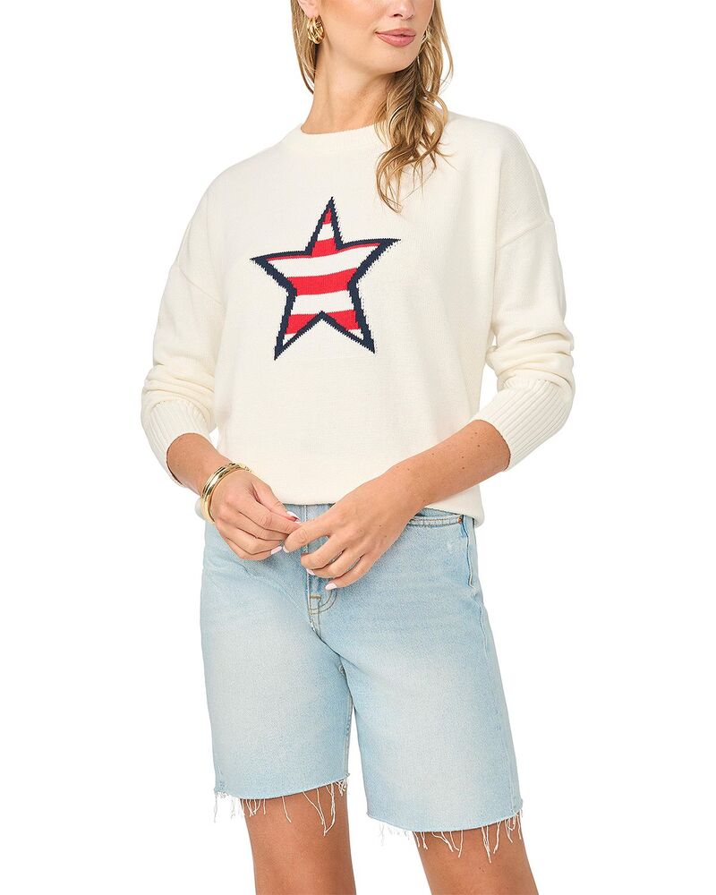 ヴィンスカムート レディース アウター 編み物・ティーシャツ 労働者の一団のど首 VINCE CAMUTO Stars With Stripes Motif Crewneck Sweater Antique White 白いこと
