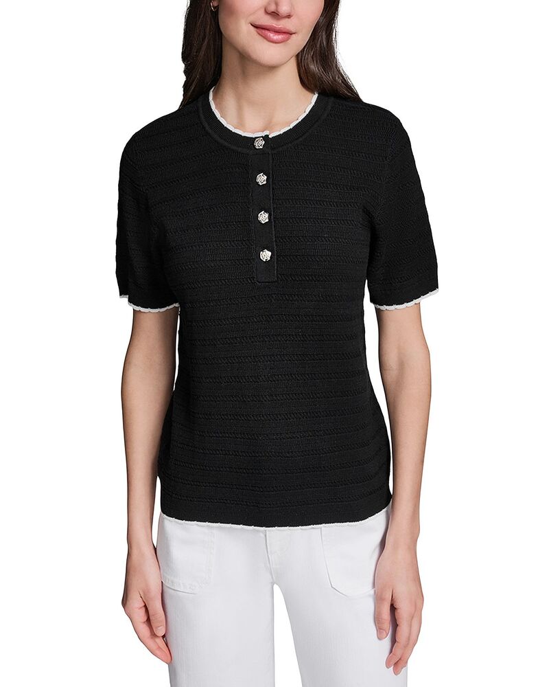 長い巻き毛 ラガーフェルド レディース アウター 編み物・ティーシャツ KARLAGERFELD PARIShort Sleeve Button Front Sweater Black/ Soft White 白いこと