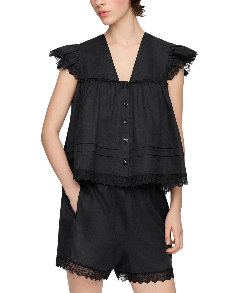 ガニー レディース トップス プルオーバー スピード競技刈り込み トップ スピード競技 リネン GANNI Linen Lace Trim Blouse Black 黒いこと