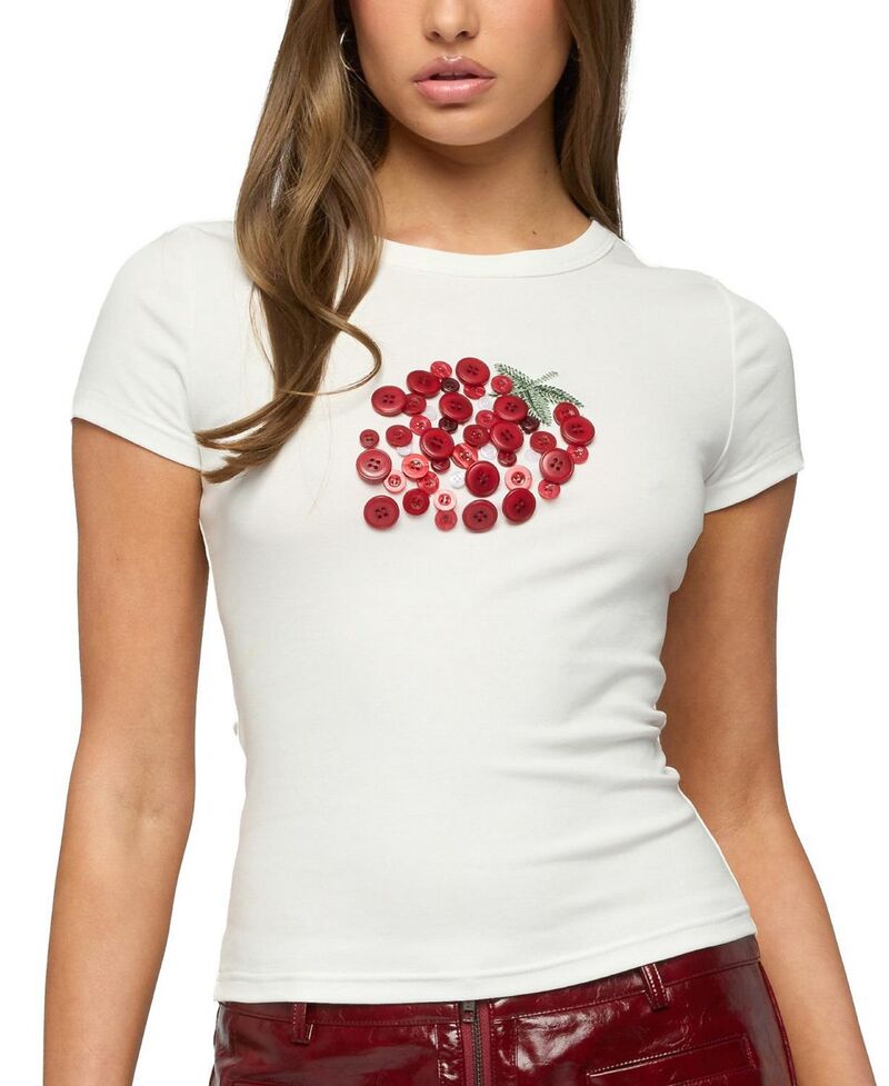 アディクテッド レディース トップス シャツ Edikted My Sweet Strawberry Button T Shirt White ホワイト｜ReVida 店