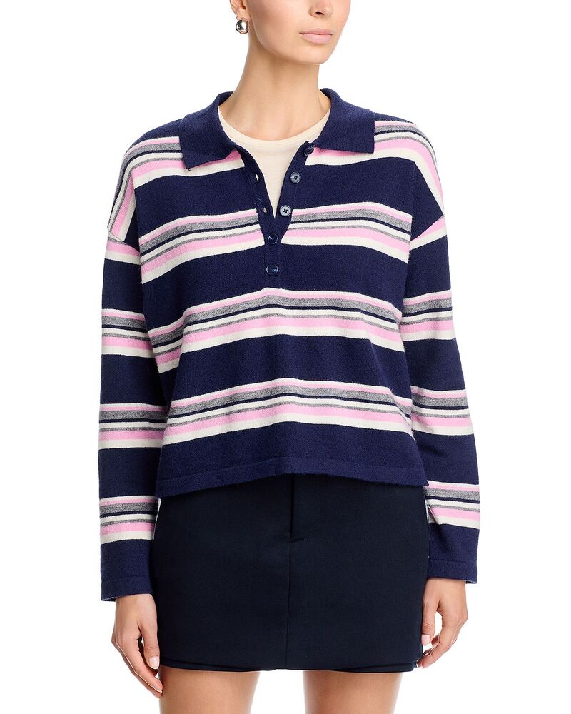 アクア レディース トップス スポーツシャツ AQUA Striped Polo Top - Exclusive Navy/Pink 米国海軍