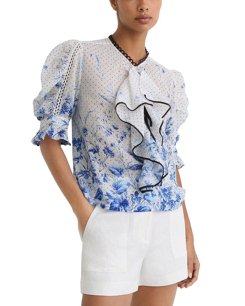 レイス レディース トップス プルオーバー 刷り上げる フラウンス トップ REISS Ruffle Printed Blouse Ivory/Blue 象牙色