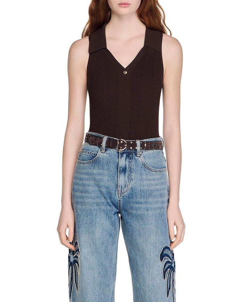 沙子ロ レディース トップス スポーツシャツ 肋材 上半身背広 編み物 Sandro Ribbed Knit Polo Bodysuit Brown 赤銅色