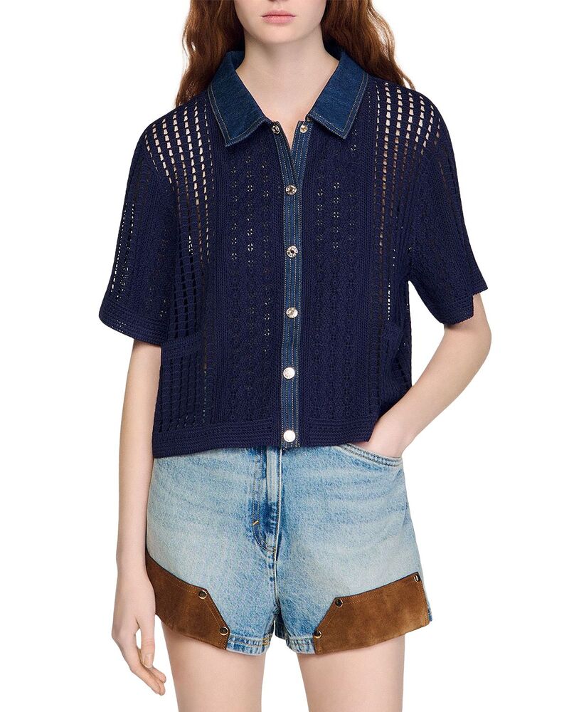 沙子ロ レディース アウター ジレー ジーンズ Sandro Crochet andenim Cardiganavy Blue 米国海軍