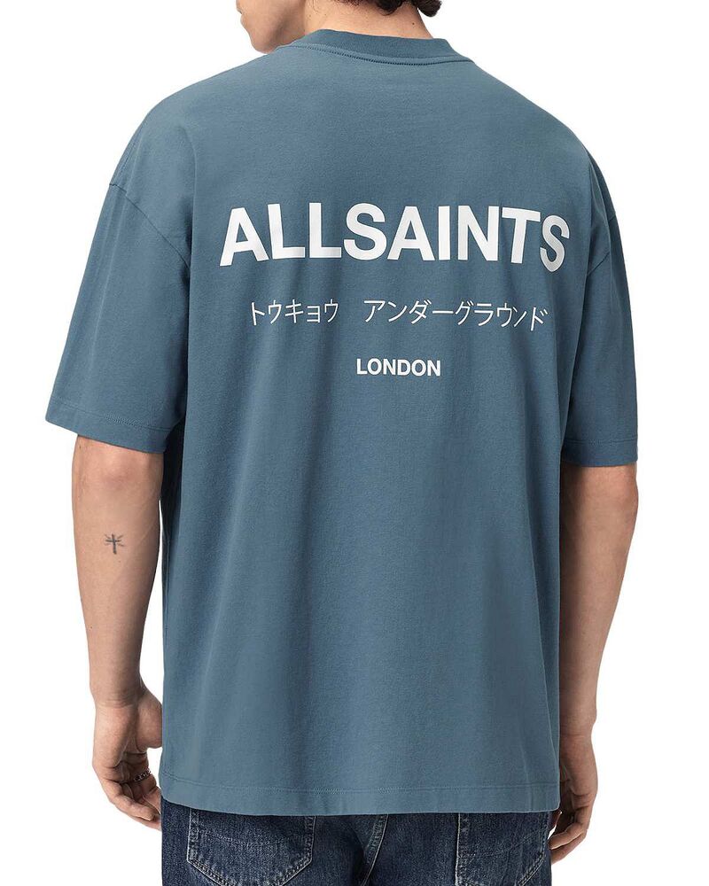 オールセインツ メンズ トップス プルオーバー 綿織物 ロゴタイプ グラフィック ALLSAINTS Underground Organicotton Logo Graphic Tee Waved Blue 青色