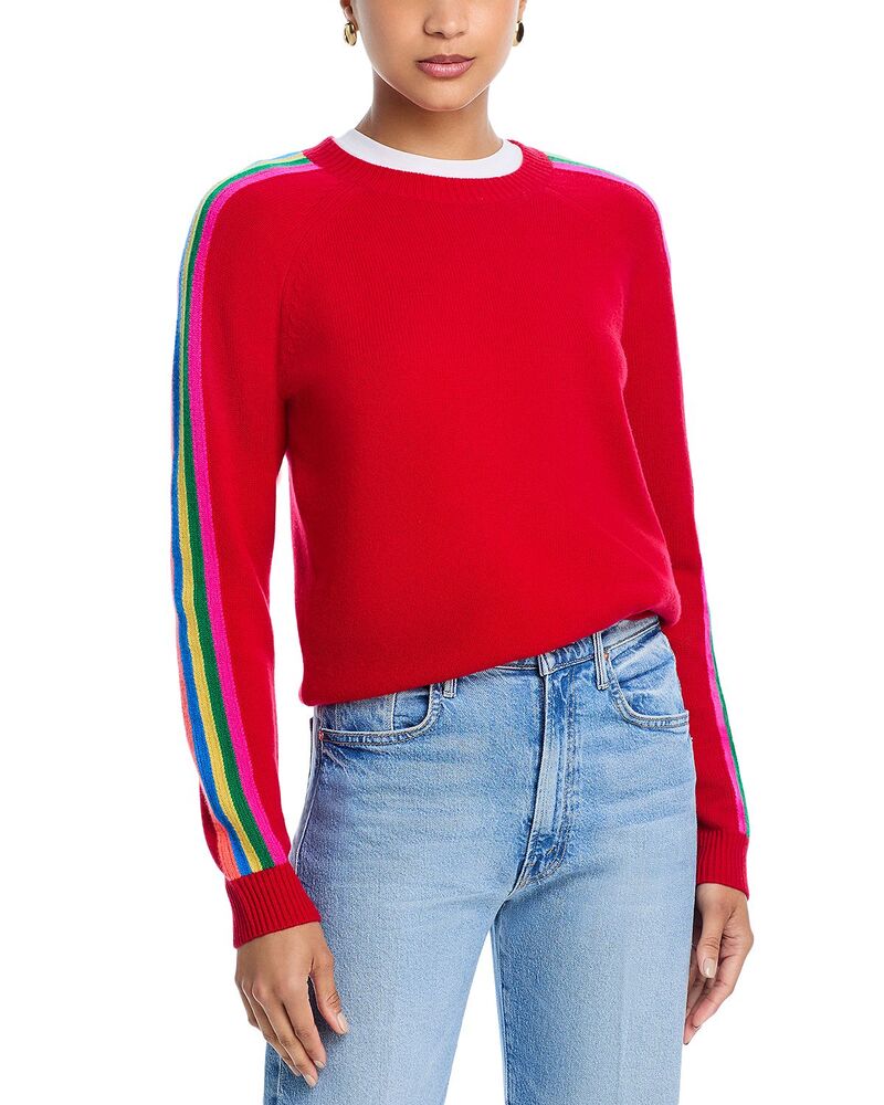 アクア レディース アウター 編み物・ティーシャツ AQUA 100% Cashmere Rainbow Athletic Stripe Sweater - Exclusive Big Apple Red 赤いこと