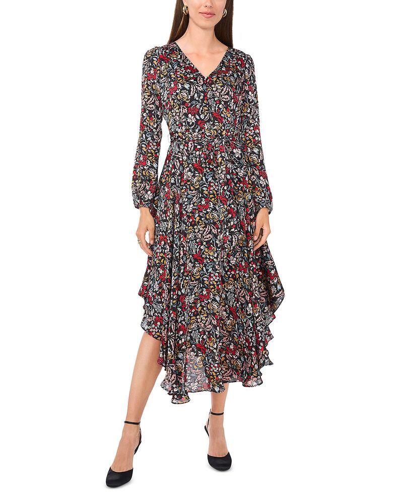 ヴィンスカムート レディース トップス 衣裳 Vのど首 A 伝達ルート お花柄 お花 VINCE CAMUTO Floral V Neck A Line Dress Rich Black 黒いこと