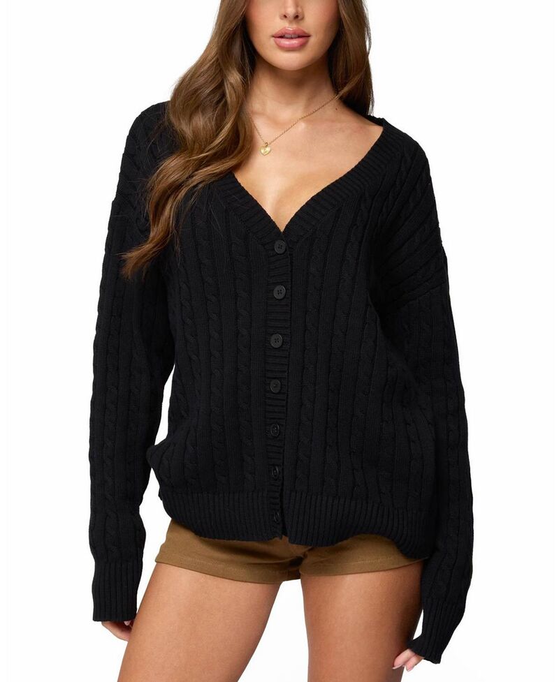 アディクテッド レディース アウター ジレー V素っ首 Edikted Francine Oversized V Neck Cardigan Black 黒いこと