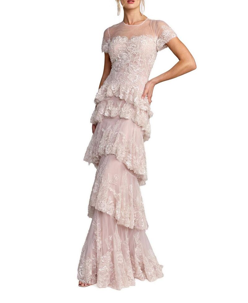 マックダガル レディース トップス 衣裳 ティアード メッシュ Mac Duggal Short Sleeve Tiered Mesh Gown With Embellishments Rose Multi マルチ色つや