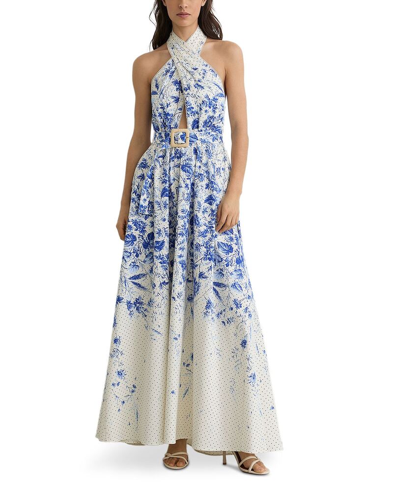 レイス レディース トップス 衣装 刷り上げる 綿織物 REISS Printed Cotton Dress Ivory/Blue 象牙色
