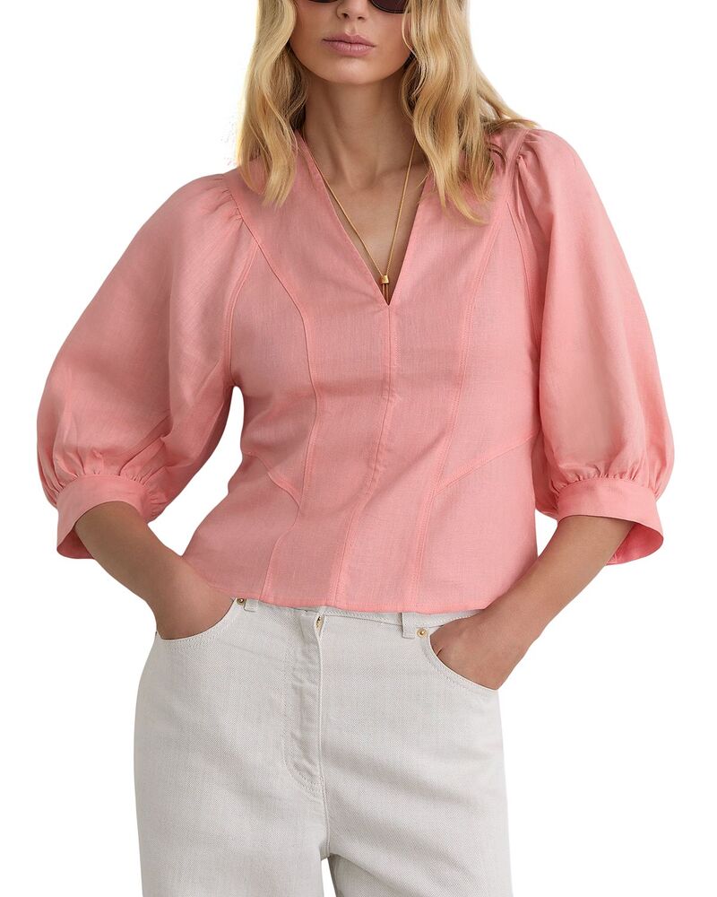 レイス レディース トップス プルオーバー 軽気球捩り リネン REISS Evie Balloon Sleeve Linen Top Coral Pink サクラ色
