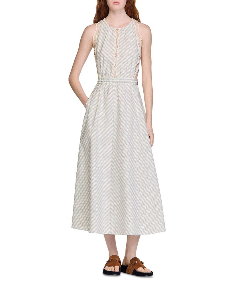 沙子ロ レディース トップス 衣装 綿織物 マキシ Sandro Striped Cotton Maxi Dress Ecru Bleu エクリュ