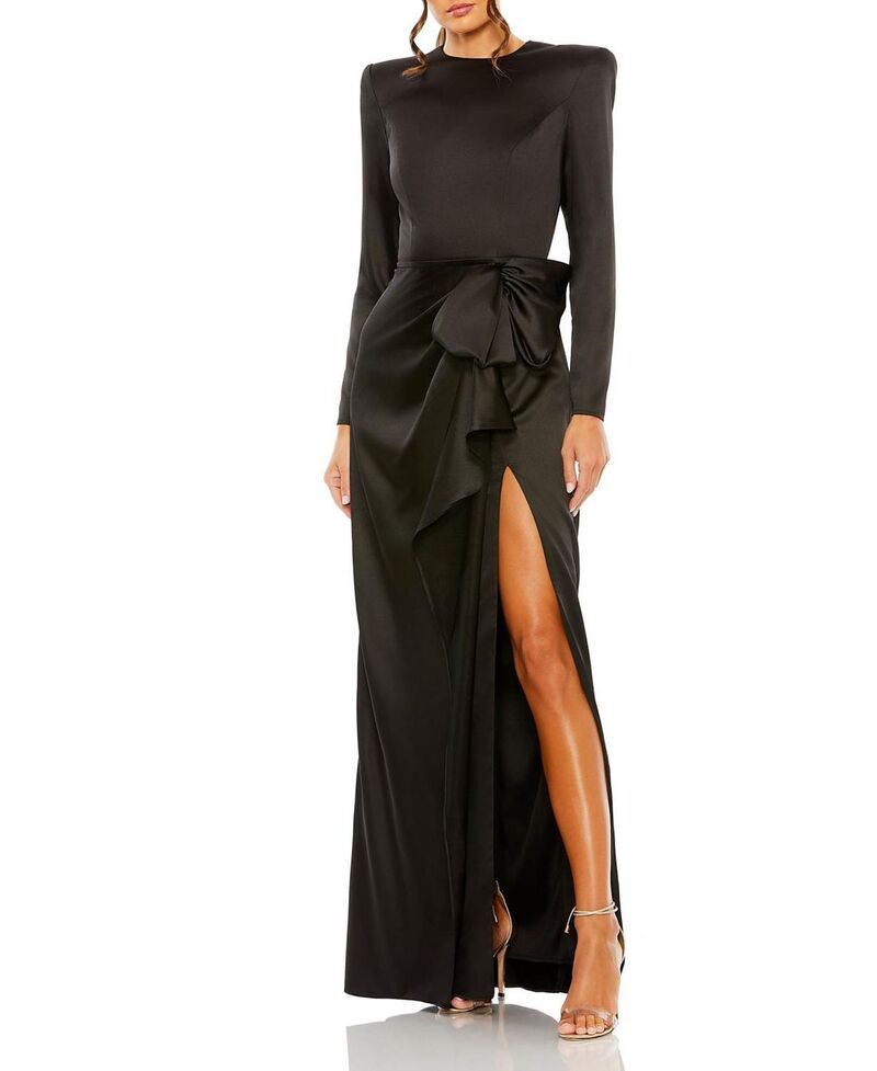 マックダガル レディース トップス 衣裳 ドレープチ 繻子 Mac Duggal Petite Long Sleeve Satin Structured Bow Draped Column Gown Black 黒いこと