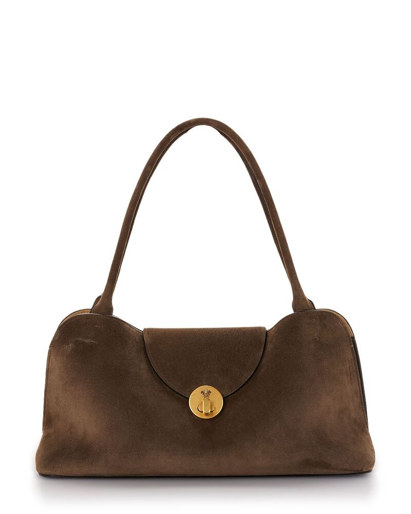 ヴェルサーチ レディース 御徒面子 スエードクロス Versace Medium Suede Shoulder Bag Taupe/Gold トープ