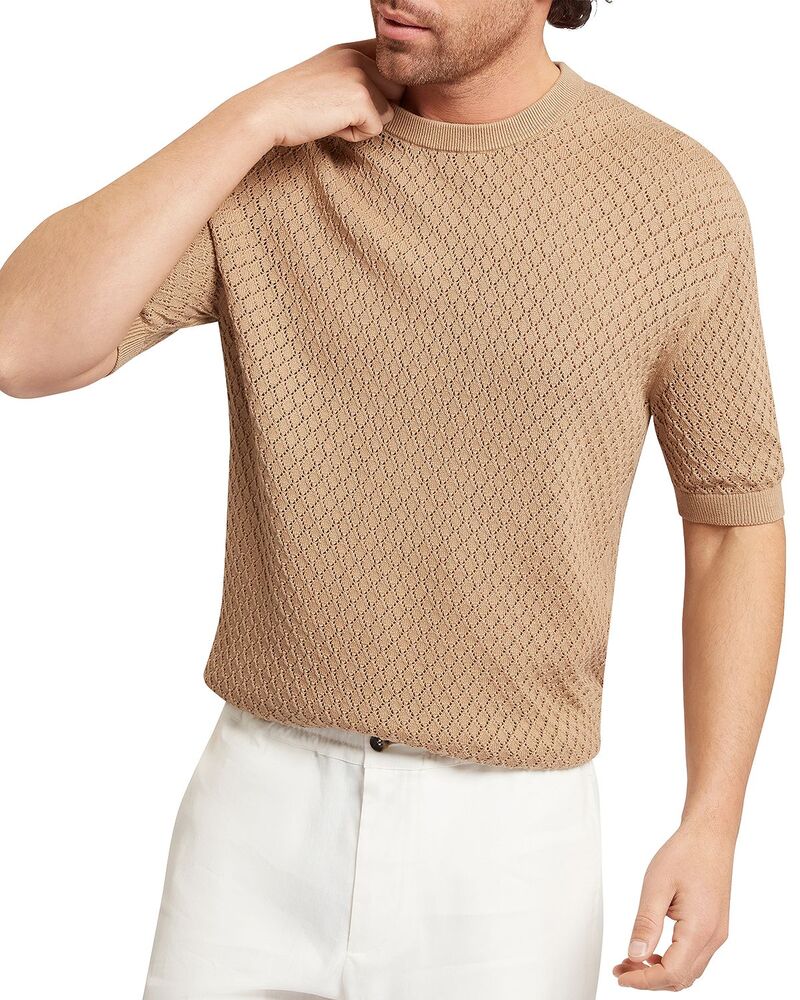テッドベーカー メンズ アウター ニット・セーター リラックスフィット Tシャツ Ted Baker Ferris Relaxed Fit Diamond Crochet Sweater T-Shirt Light Brown ブラウン｜ReVida 店