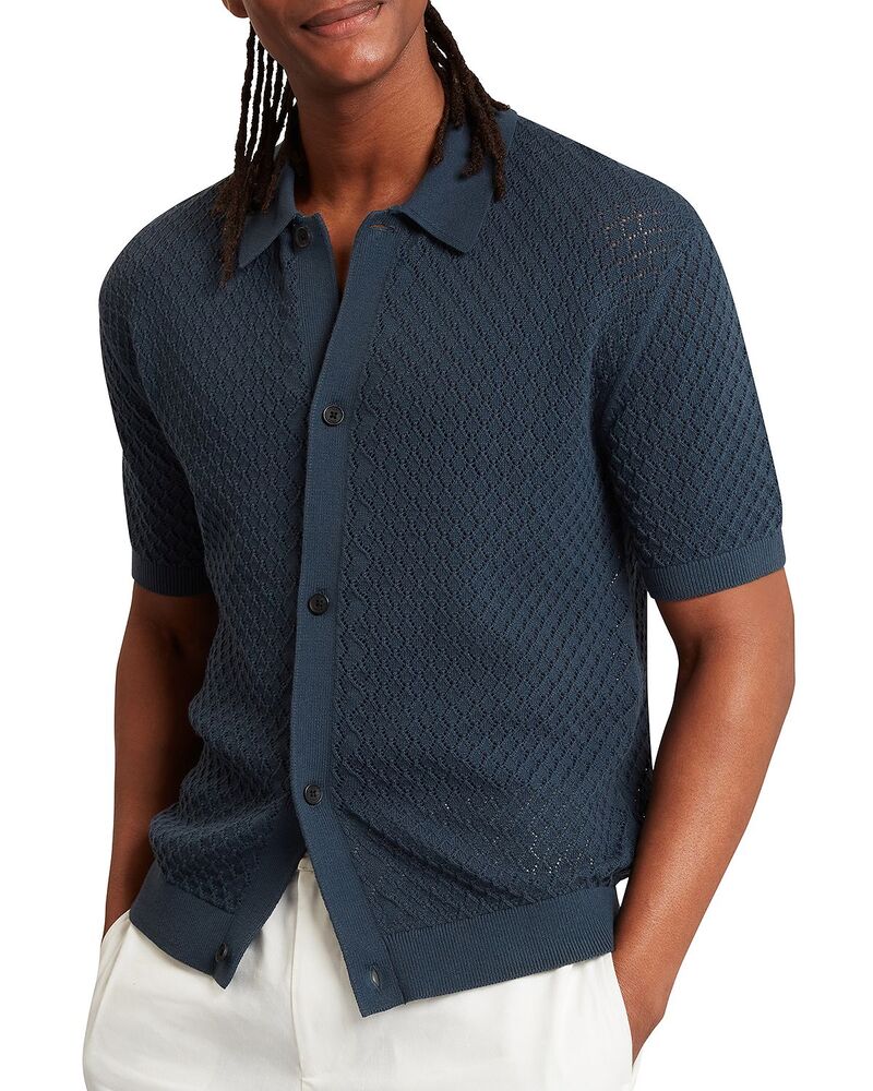 テッドベーカー メンズ トップス ポロシャツ リラックスフィット Ted Baker Domati Relaxed Fit Diamond Crochet Polo Shirt Mid Navy ネイビー｜ReVida 店