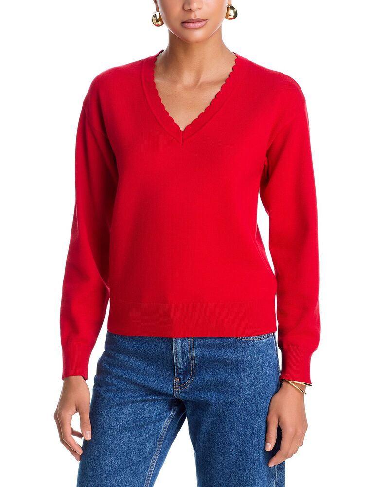 アクア レディース アウター 編み物・スウェーター Vのど首 AQUA Scalloped V Neck Sweater - Exclusive Red 赤いこと