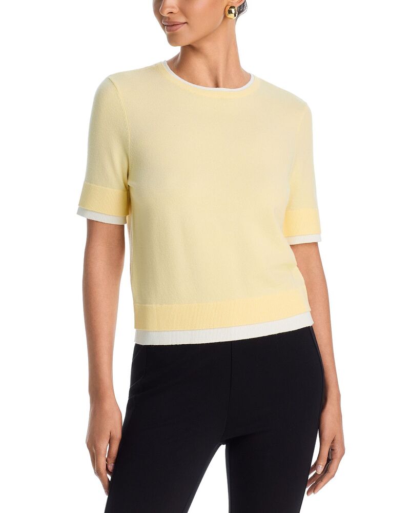 アクア レディース アウター 編み物・ティーシャツ 労働者の一団のど首 AQUA Double Layer Short Sleeve Crewneck Sweater - Exclusive Butter Yellow/White 白いこと
