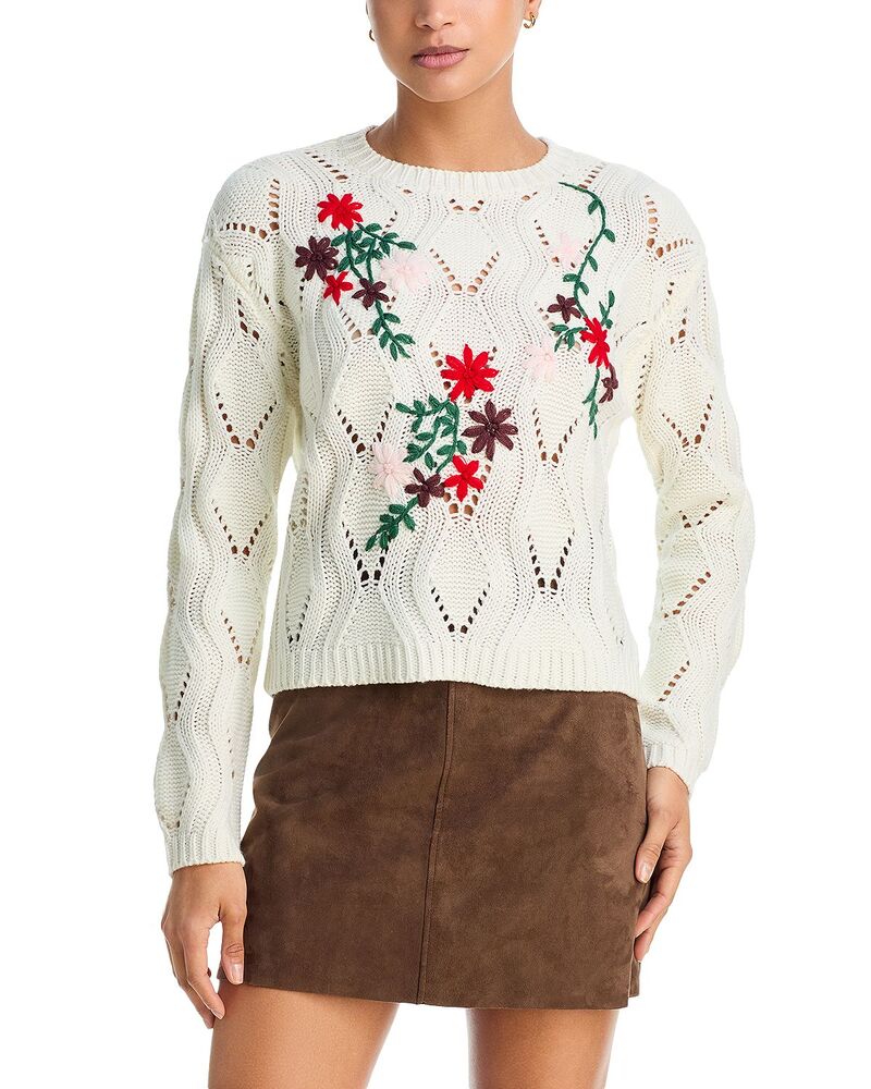 アクア レディース アウター 編み物・ティーシャツ 労働者の一団のど首 刺しゅう AQUA Embroidered Cable Crewneck Sweater - Exclusive White/Multi 白いこと