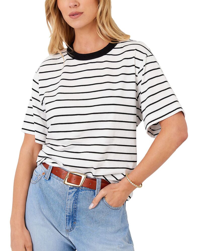 カレンケーン レディース トップス プルオーバー プチ Karen Kane Petitestripe Short Sleeve Top Off White/Black 象牙色
