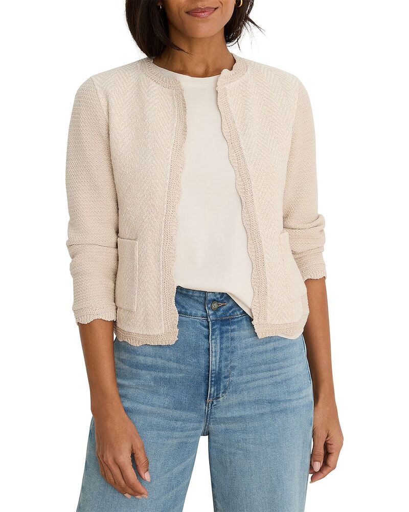 ニックプラスゾーイ レディース アウター ジャケット・ブルゾン ニット NIC+ZOE Scalloped Trim Weave Mix Knit Jacket Macadamia｜ReVida 店