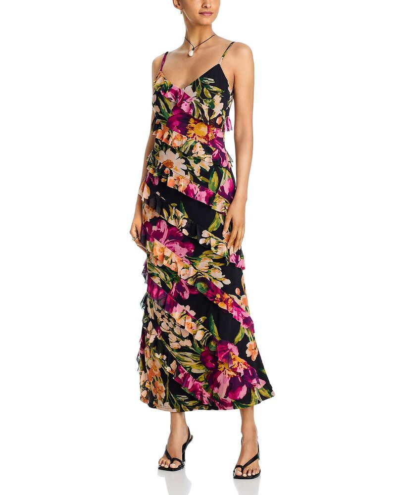 アクア レディース トップス 衣装 御花柄 フラウンス メッシュ マキシ 御花 AQUA Floral Mesh Ruffle Maxi Dress - Exclusive Black Floral 黒いこと