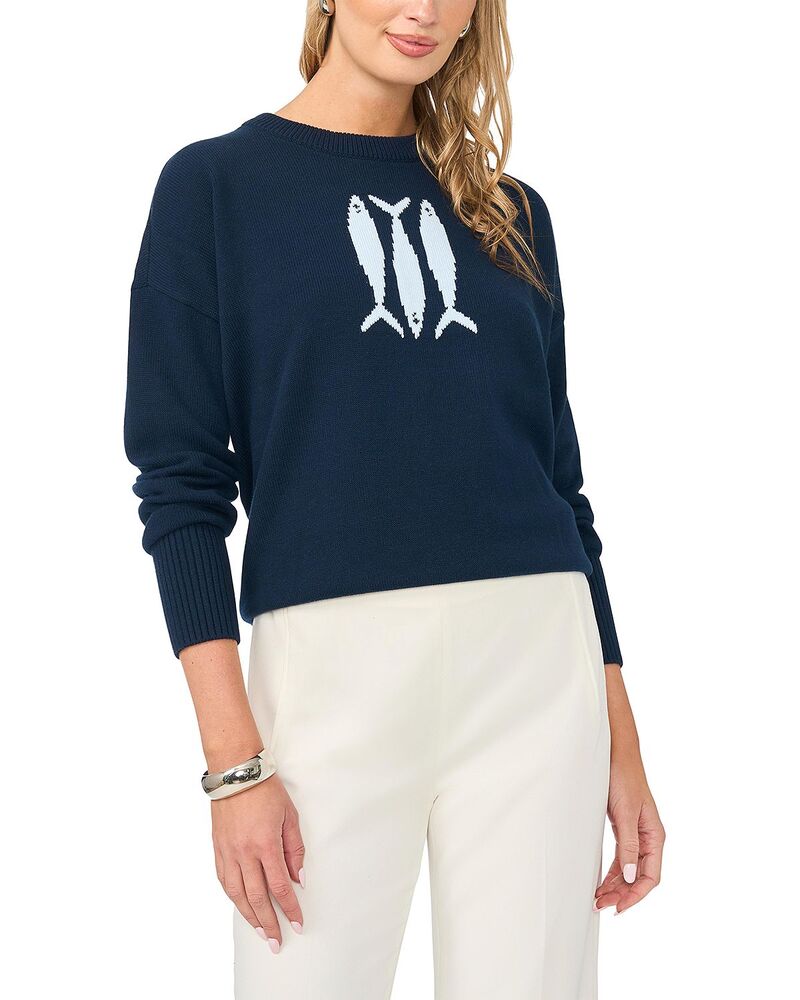 ヴィンスカムート レディース アウター 編み物・ティーシャツ 労働者の一団のど首 VINCE CAMUTO Sardine Motif Crewneck Sweater Classic Navy 米国海軍