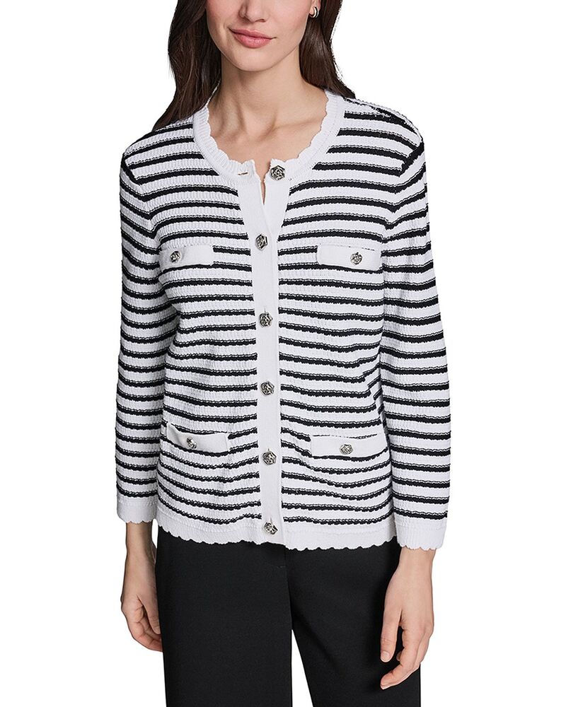 長い巻き毛 ラガーフェルド レディース アウター 編み物・スウェーター KARLAGERFELD PARIS Long Sleeve Four Pocket Striped Sweater Soft White/ Black 白いこと