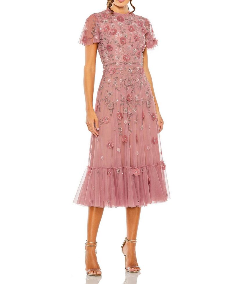 マックダガル レディース トップス 衣裳 A 伝達ルート ハイネック プチ Mac Duggal Petitembellished High Neck Flutter Sleeve A Line Dress Berry